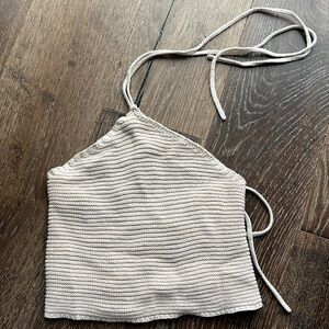 Beige Knit Halter Top with Open Tie Back